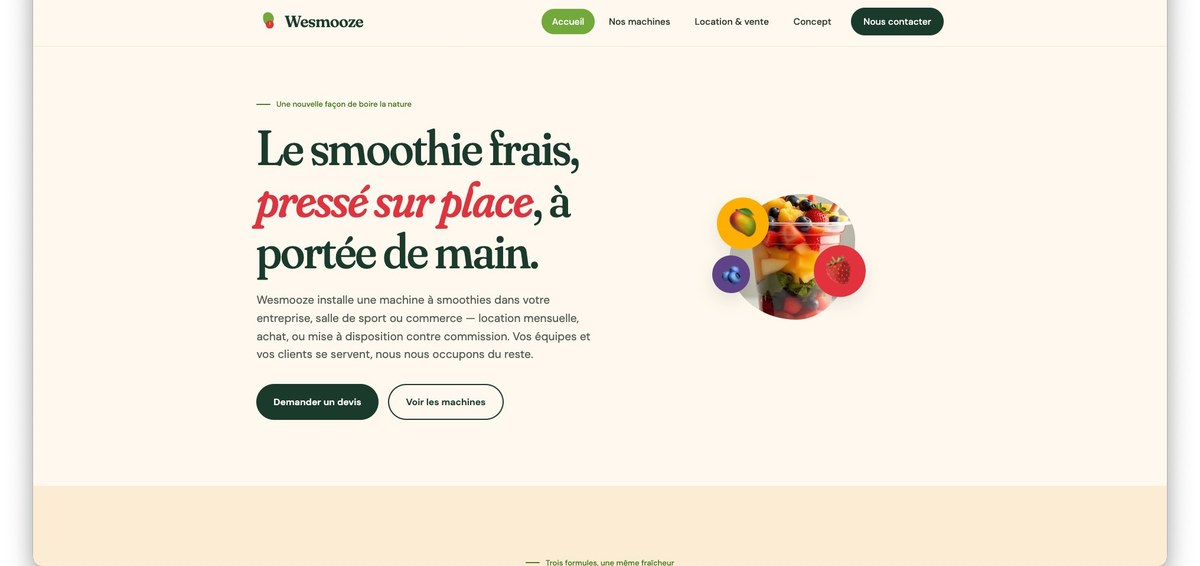 Site vitrine Wesmooze — machines à smoothies pour entreprises